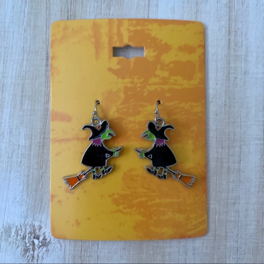 NWT Walmart Black Orange Green Flying Witch Broomstick Halloween Silver Earrings